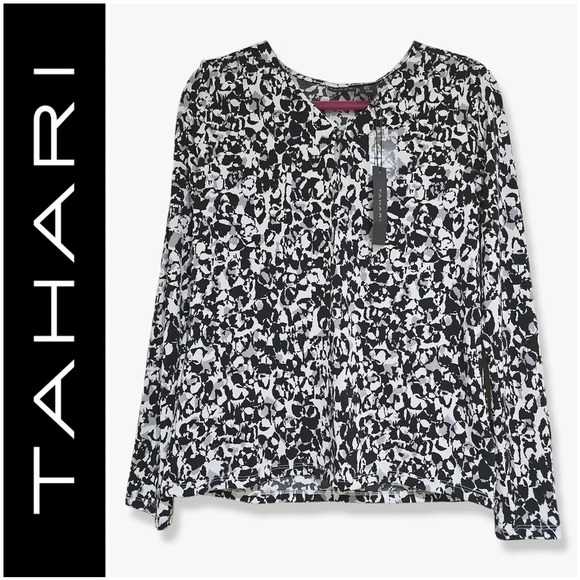 NWT TAHARI Long Sleeve Black & White Abstract Blouse, Comfortable Workwear, M - Picture 1 of 10
